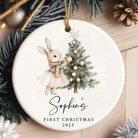 Personalized 2025 First Christmas Decoration with Adorable Rabbit and Christmas Tree Design Custom Name FurryZone