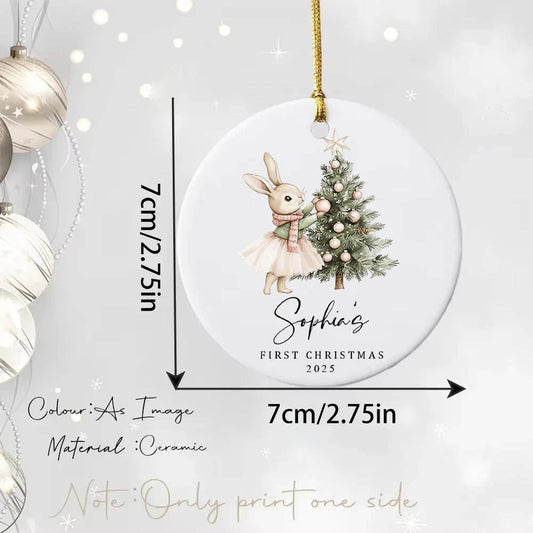 Personalized 2025 First Christmas Decoration with Adorable Rabbit and Christmas Tree Design Custom Name FurryZone