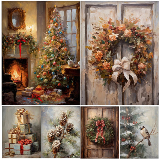 Christmas Tree Bird, Pinecone, Bells Vintage Wall Art Canvas Print for Farmhouse Winter Kitchen Decor FurryZone