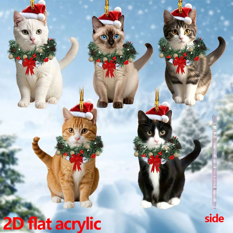 5 pcs Christmas Cat Ornaments - Acrylic Cat Decorations with Christmas Hats FurryZone